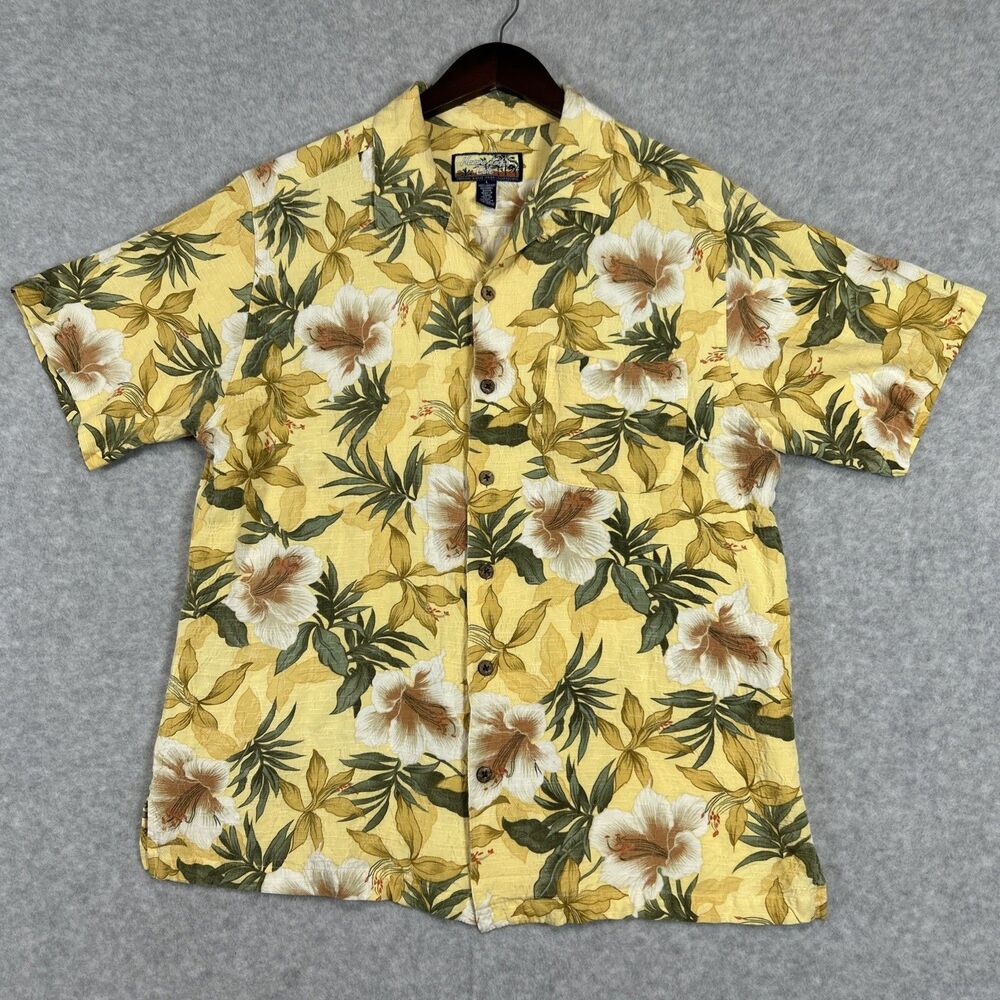 Havana Jack's Cafe Men's Hawaiian Shirt Sz Large Yellow Hibiscus Rayon Button Up